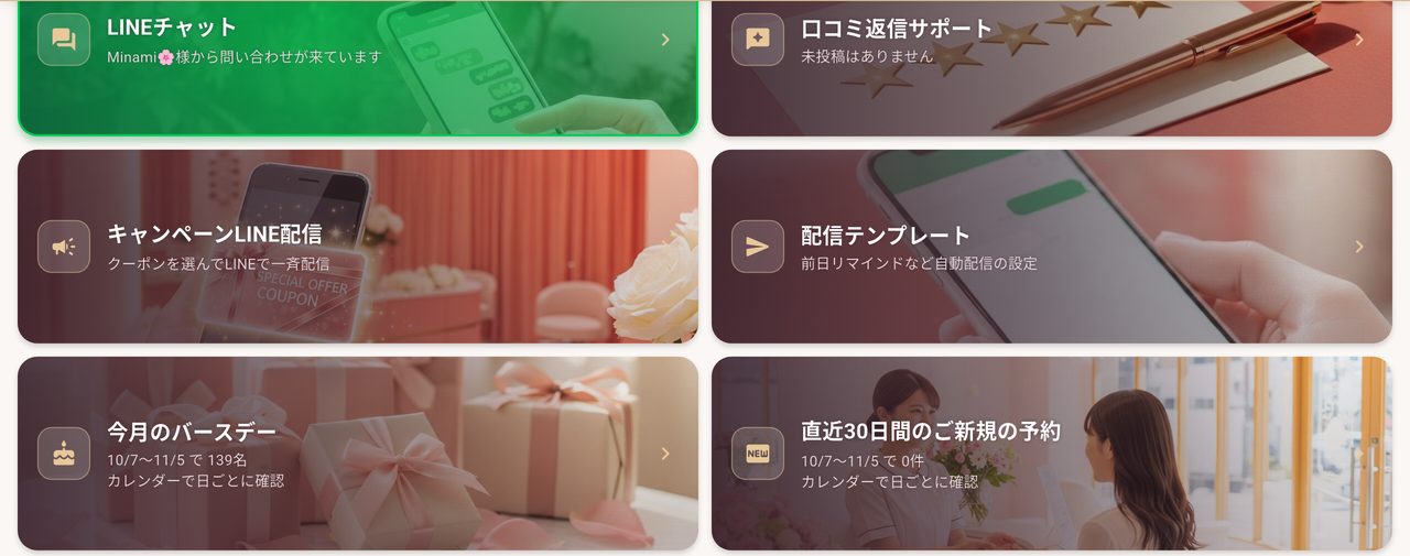 fiorai アプリのホーム画面の営業ツール。 LINE チャット・口コミ返信サポート・キャンペーン LINE 配信・配信テンプレート・今月のバースデー・ご新規の予約のタイルが並ぶ