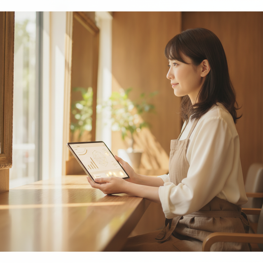 サロン経営者がタブレットで月次レポートを見ているシーン